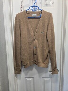 Vintage IZOD Lacoste Tan Knit Grandpa Button Cardigan Sweater Size M?